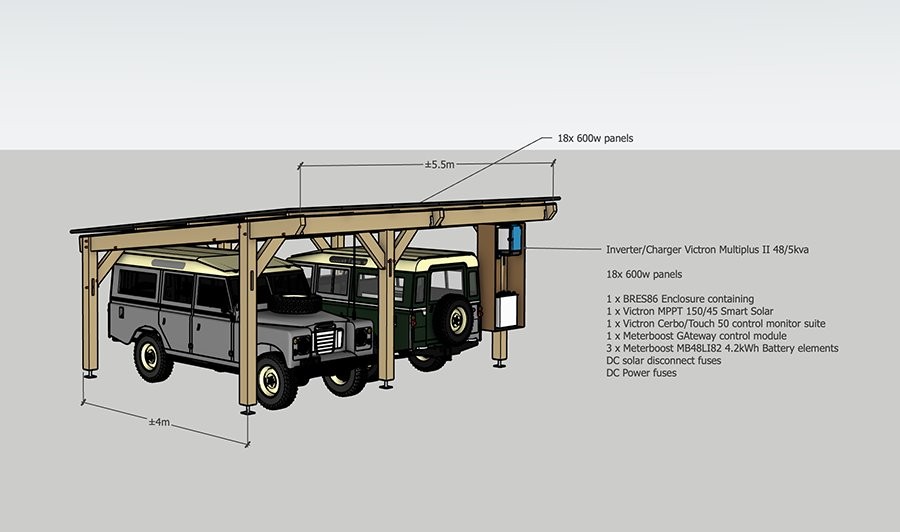 Two-Land-Rover carport with off-grid 10 kWh solar system