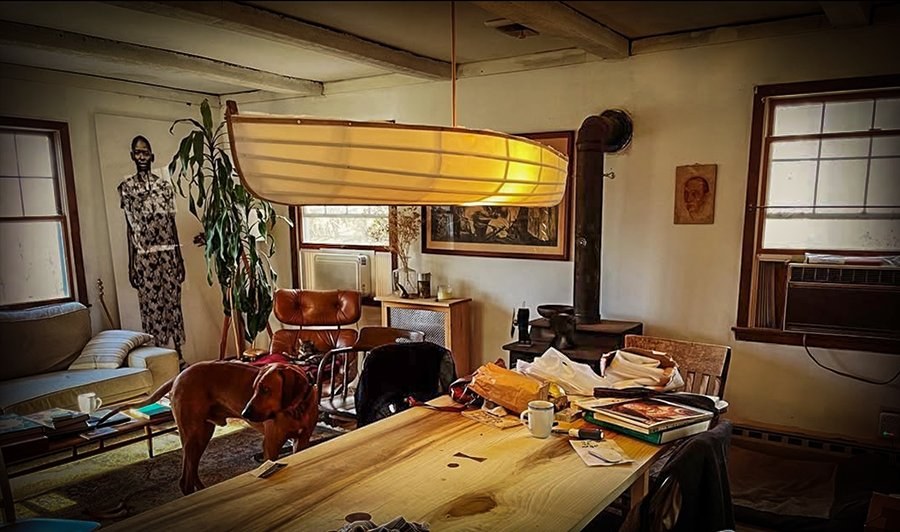 Skin-on-frame boat as a hanging light