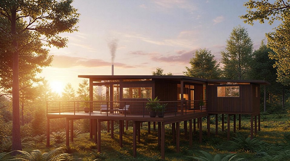 Mira Cabin — render, dusk